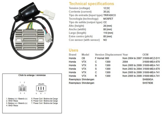 Regulátor dobíjení HONDA VTX 1300 rok 04-09