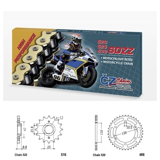 Řetězová sada s ČZ HX-ring SILVER KAWASAKI EL 250 Eliminator...