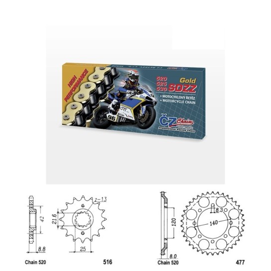 Řetězová sada s ČZ HX-ring GOLD KAWASAKI KLR 600 rok 84-90 