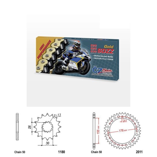 Řetězová sada s ČZ HX-ring GOLD TRIUMPH T509 Speed Triple ro...