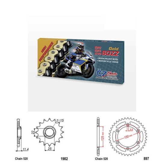 Řetězová sada s ČZ HX-ring GOLD KTM 640 LC4 Super Moto rok 99-02 