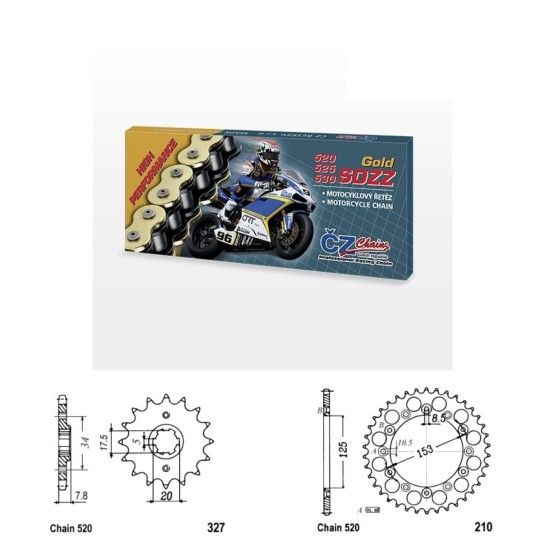 Řetězová sada s ČZ HX-ring GOLD HONDA CRF 150 F (03-05) rok ...