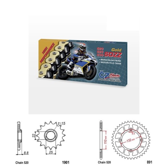 Řetězová sada s ČZ HX-ring GOLD KTM Freeride 350 rok 16-17