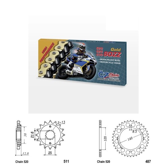 Řetězová sada s ČZ HX-ring GOLD KAWASAKI KLR 650 rok 22-25