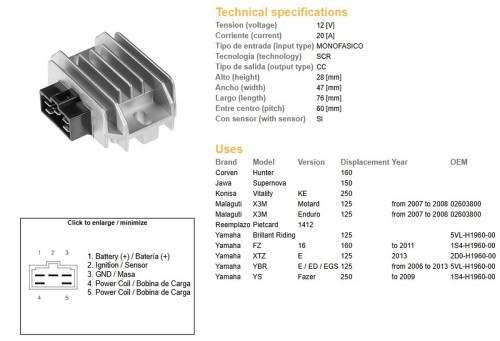 Regulátor dobíjení YAMAHA XT 125 R rok 08-12