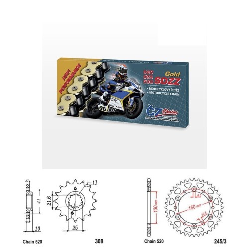 Řetězová sada s ČZ HX-ring GOLD HONDA FMX 650 rok 05-08