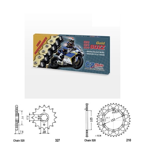 Řetězová sada s ČZ HX-ring GOLD HONDA CRF 150 F (03-05) rok 06-17