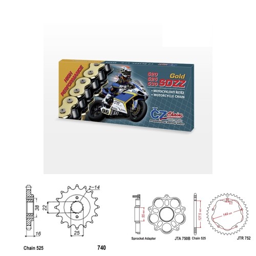 Řetězová sada s ČZ HX-ring GOLD DUCATI 796 Monster rok 12-15